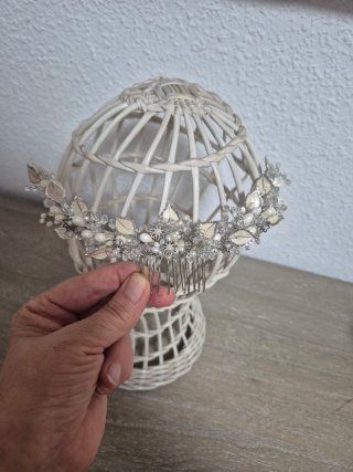 Tocado Novia Ceremonia Plata y Blanco