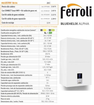 CALDERA CONDENSACIÓN FERROLI ALPHA 28C NUEVA