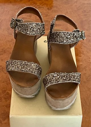 Sandalias Plataforma Piel Tiras Purpurina