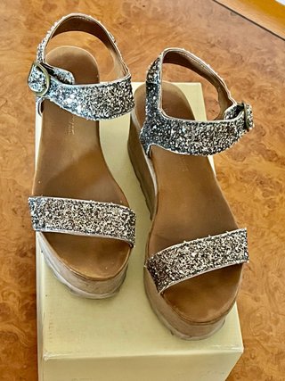 Sandalias Plataforma Piel Tiras Purpurina