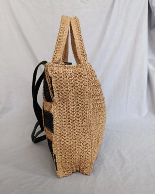 Bolso Shopper Rafia Trenzado Camel y Negro