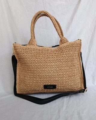 Bolso Shopper Rafia Trenzado Camel y Negro