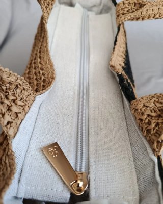 Bolso Shopper Rafia Trenzado Camel y Negro