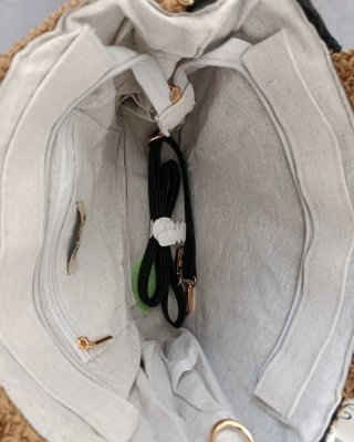 Bolso Shopper Rafia Trenzado Camel y Negro
