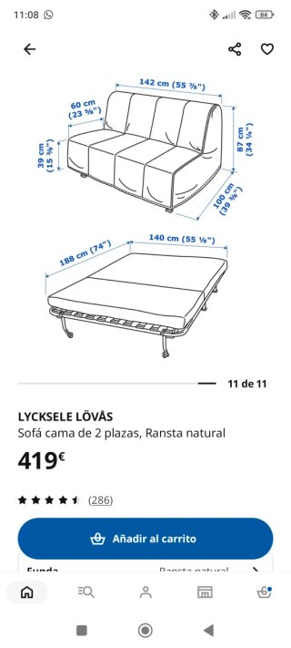 Sofá Cama Lycksele Ikea + Funda + Caja almacenaje