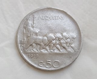 VITT: Em III: 50 Centesimi Leoni 1919 Rigato  q'bb