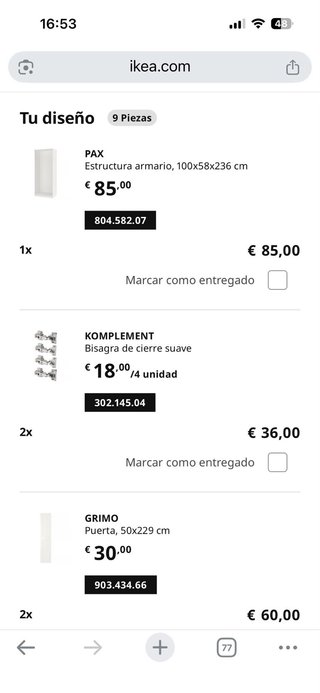 Armario IKEA PAX 100x60x236cm puertas GRIMO