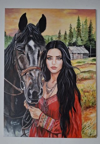 Cuadro Acrílico Lienzo 50x70 Mujer y Caballo