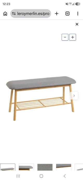Banco de tela gris con estante de madera