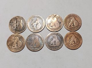 Lote 8 monedas cobre 5 c. 1870 España