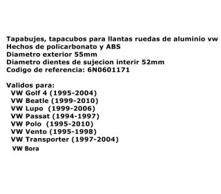 55mm Tapabujes Vw Centro de Llantas Ruedas