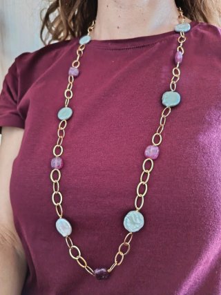Collana oro perle e pietre fucsia