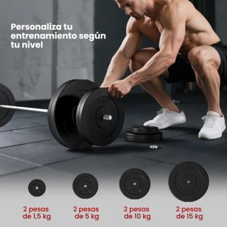 Barra Pesas 70kg + 8 Discos 1.5kg
