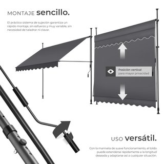 Toldo plegable para balcón con manivela, 250x120x211 - 304 cm, negro