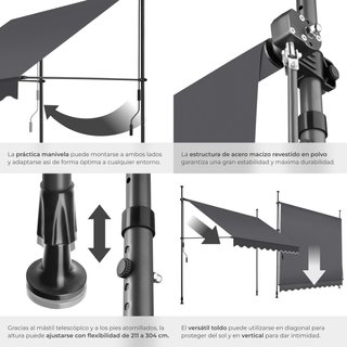 Toldo plegable para balcón con manivela, 250x120x211 - 304 cm, negro