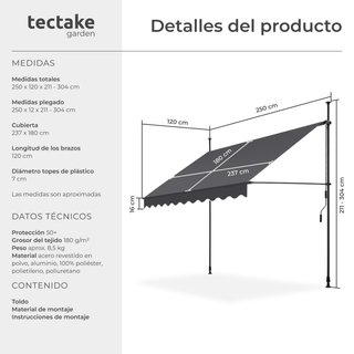 Toldo plegable para balcón con manivela, 250x120x211 - 304 cm, negro