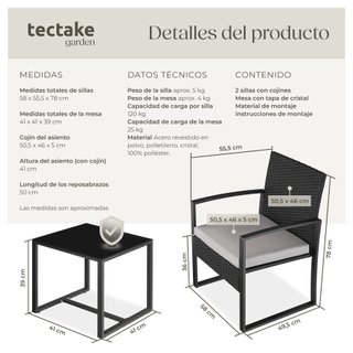Conjunto de ratán con mesa para 2 personas gris claro/negro