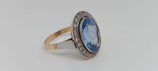 J-0866 Anillo Oro 18K Roseta Azul y moisanitas