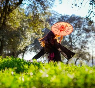 Parasol japonés de madera y tela