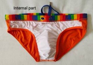 Costume da bagno arancio con fascia multicolore