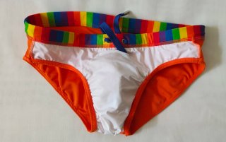 Costume da bagno arancio con fascia multicolore