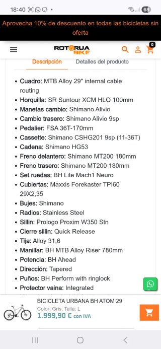 Bicicleta eléctrica bh atom 29 talla L