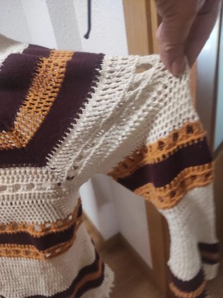 Chaqueta larga punto rayas beige, marrón, naranja