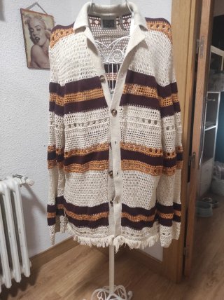 Chaqueta larga punto rayas beige, marrón, naranja