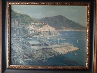 Cuadro al óleo: Puerto con embarcaciones