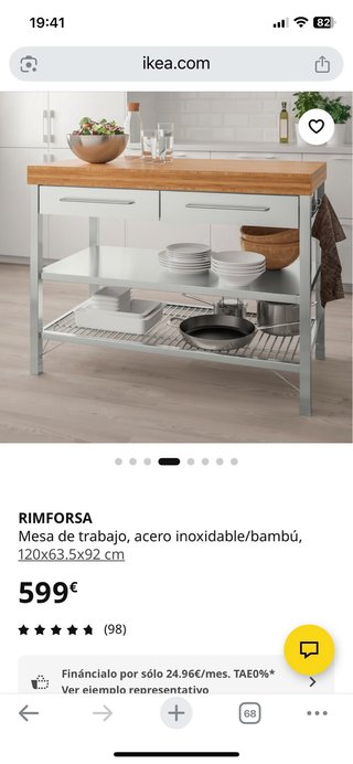 Isla Cocina Ikea Rimforsa Bambú/Acero