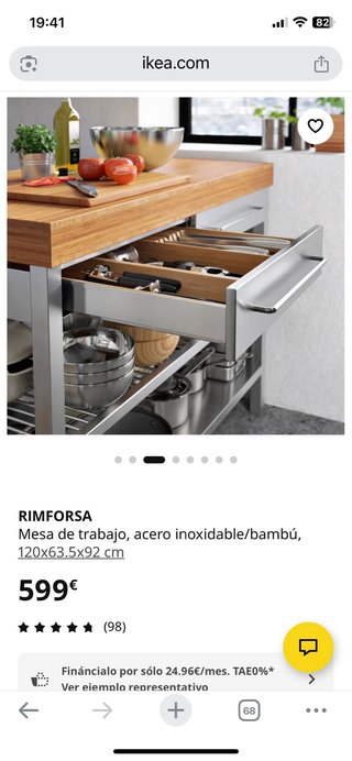Isla Cocina Ikea Rimforsa Bambú/Acero