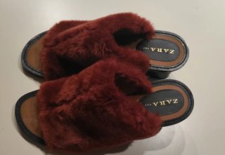 Sandalias Zara Mule Tacón Pelo Marrón/Rojo