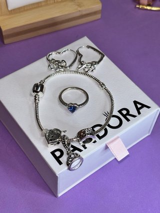Conjunto Pandora Plata y Anillo Azul