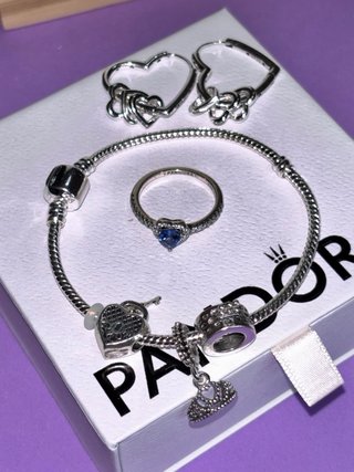Conjunto Pandora Plata y Anillo Azul