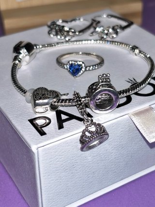 Conjunto Pandora Plata y Anillo Azul