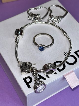 Conjunto Pandora Plata y Anillo Azul