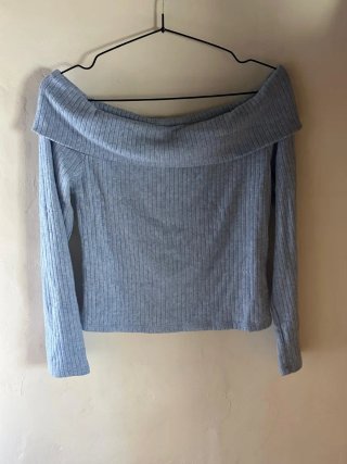 Top escote bandeau canalé azul manga larga