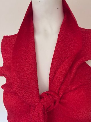 Top rojo con lazada y pantalón azul efecto cuero