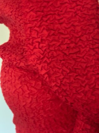 Top rojo con lazada y pantalón azul efecto cuero