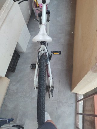 Bicicleta de montaña blanca y morada