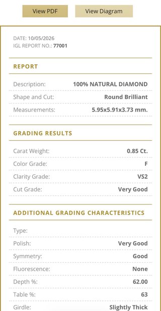 Anillo Oro 18k Diamante Natural 0.85 Ct VS2/F