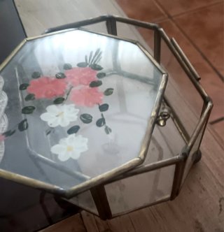 Caja octogonal de baratijas vintage cristal latón