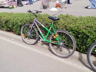 Bicicleta de montaña morada y verde