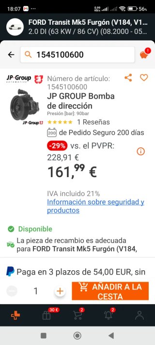 Bomba Hidráulica JP Group 1545100600 Ford Transit