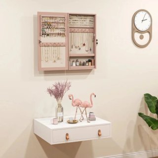 Armario Joyero con Espejo Rosa y Beige
