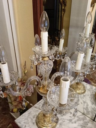 Candelabro de mesa cristal de roca y metal dorado
