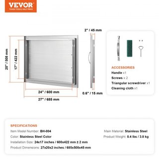 Puerta de Acceso para BBQ, Puerta de Cocina Exterior Individual de 685x508 mm, Puerta de Montaje Flush de Acero Inoxidable, Puerta Vertical de Pared con Mango, para Isla de BBQ, Estación de Asado,...