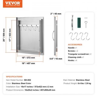 Puerta de Acceso para BBQ, Puerta de Cocina Exterior Individual de 457x508 mm, Puerta de Montaje Flush de Acero Inoxidable, Puerta Vertical de Pared con Mango y Gancho, para Isla de BBQ, Estación ...