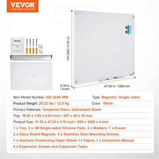 Pizarra Blanca Magnética de Vidrio, Tablero de Borrado en Seco 1200 x 800 mm, Pizarra de Vidrio Grande Montada en la Pared Sin Marco, con Bandeja para Marcadores, un Borrador y 2 Marcadores, Blanca