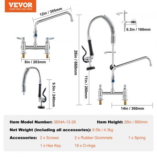 Grifo Comercial con Rocío Prelavado, Altura de 26" (66 cm), Centro de 8" (20.3 cm), Boca Giratoria de 12" (30.5 cm), Grifo de Cocina Montado en la Mesa, Dispositivo de Construcción de Latón con Ro...